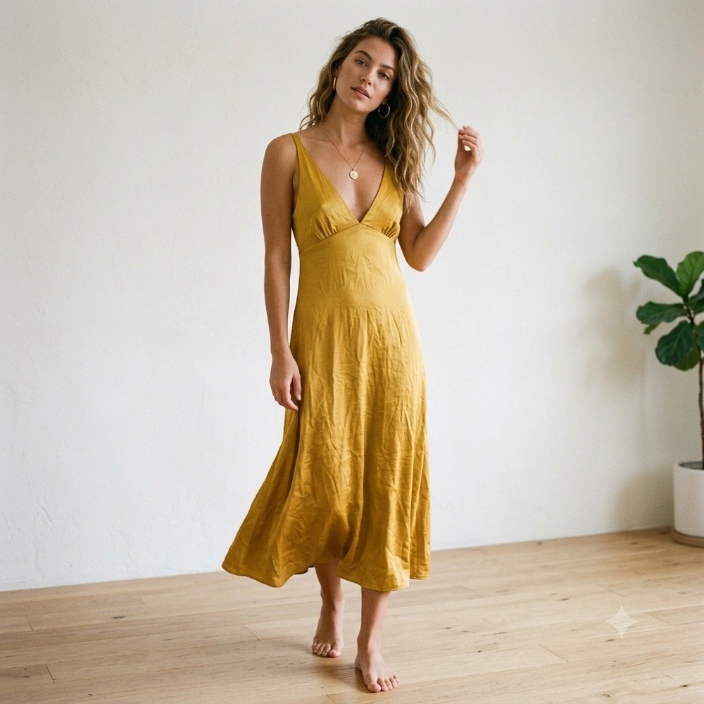 Lovers + Friends Women Dress Small Mustard Yellow Satin V-Neck Slip Cocktail